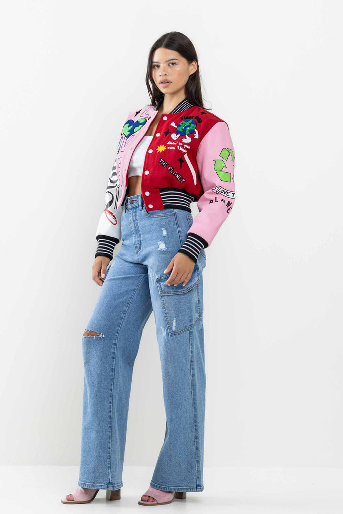 NO.1 BEST PLANET CROPPED VARSITY JACKET