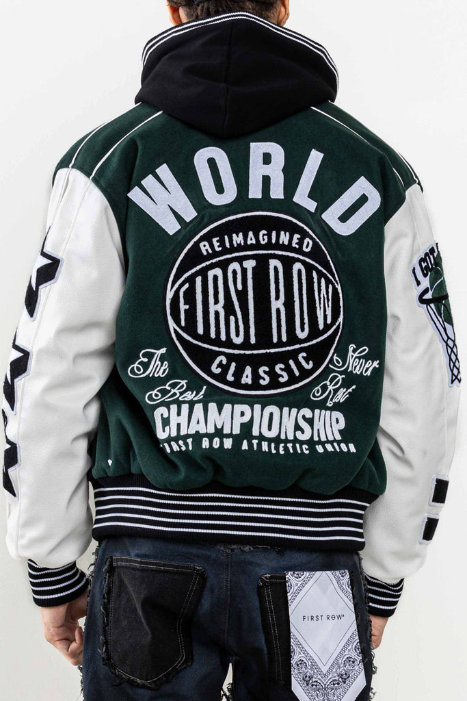 Hooded Varsity Jacket Mens in Forest Green