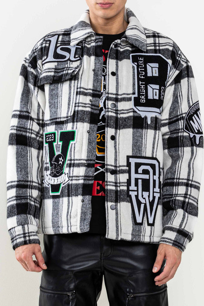 MUTI PATCHES WOOL CHECK PADDING SHACKET