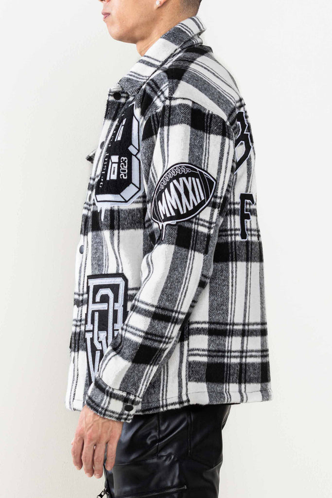 MUTI PATCHES WOOL CHECK PADDING SHACKET