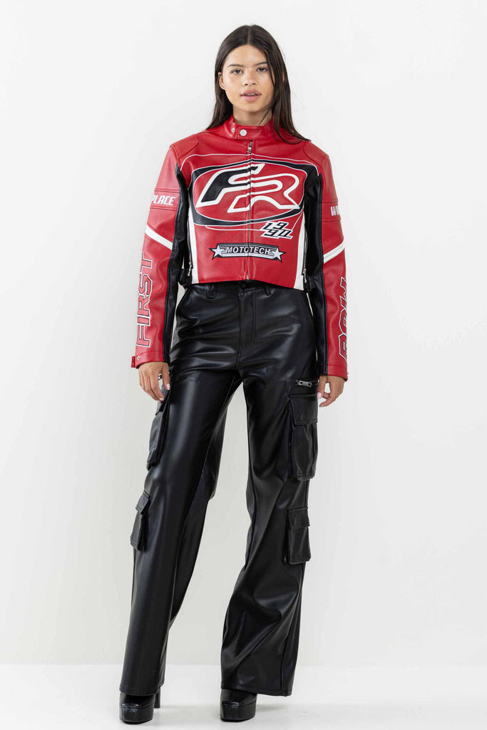 LEATHER RACING CROPPED JACKET