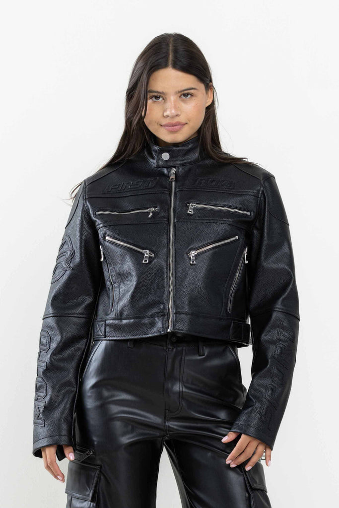 LEATHER RACING CROPPED JACKET