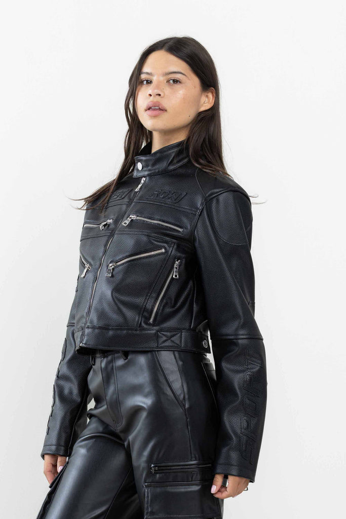 LEATHER RACING CROPPED JACKET