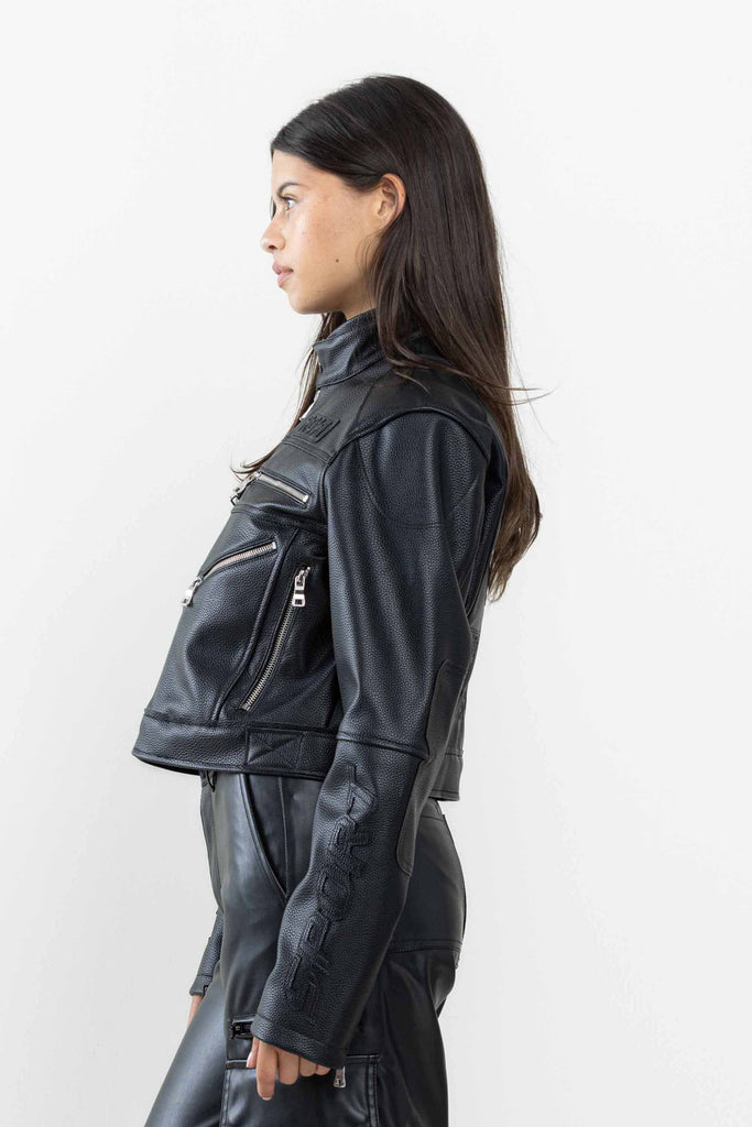 LEATHER RACING CROPPED JACKET