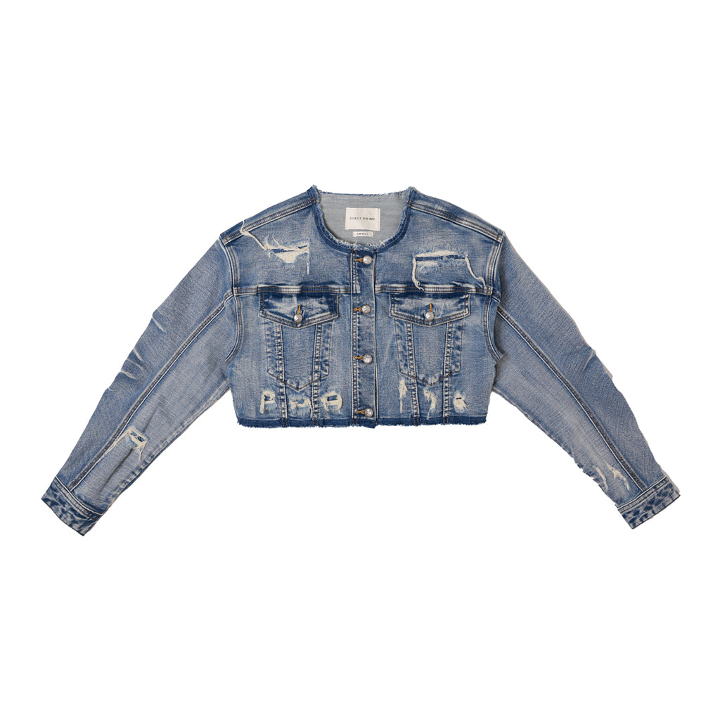 PLEATS DENIM CROP TRUCKER JACKET