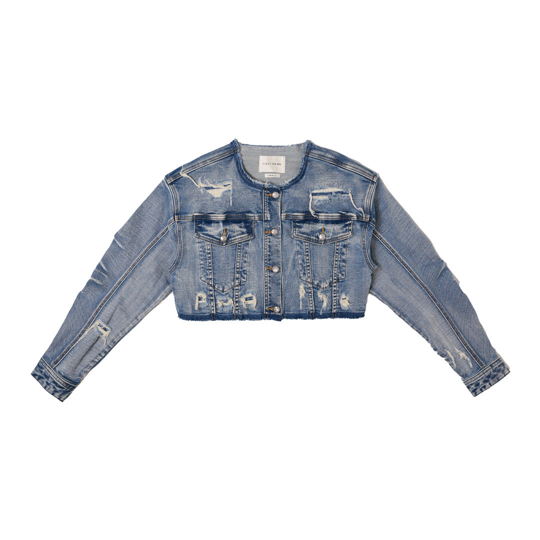 PLEATS DENIM CROP TRUCKER JACKET