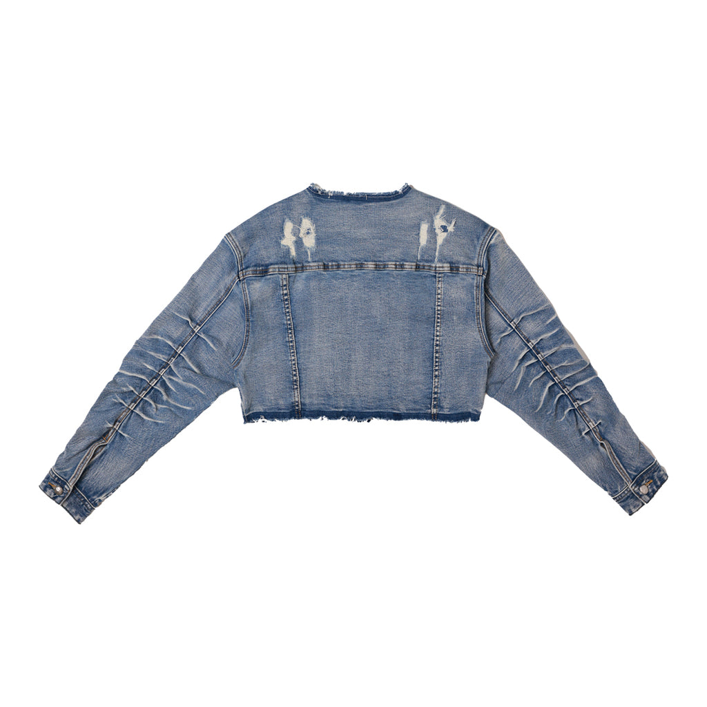 PLEATS DENIM CROP TRUCKER JACKET