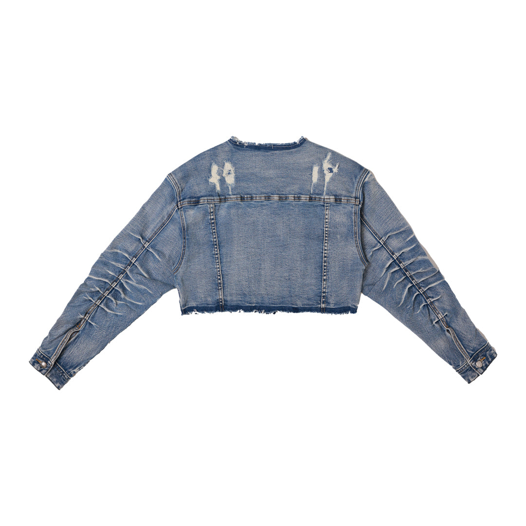 PLEATS DENIM CROP TRUCKER JACKET