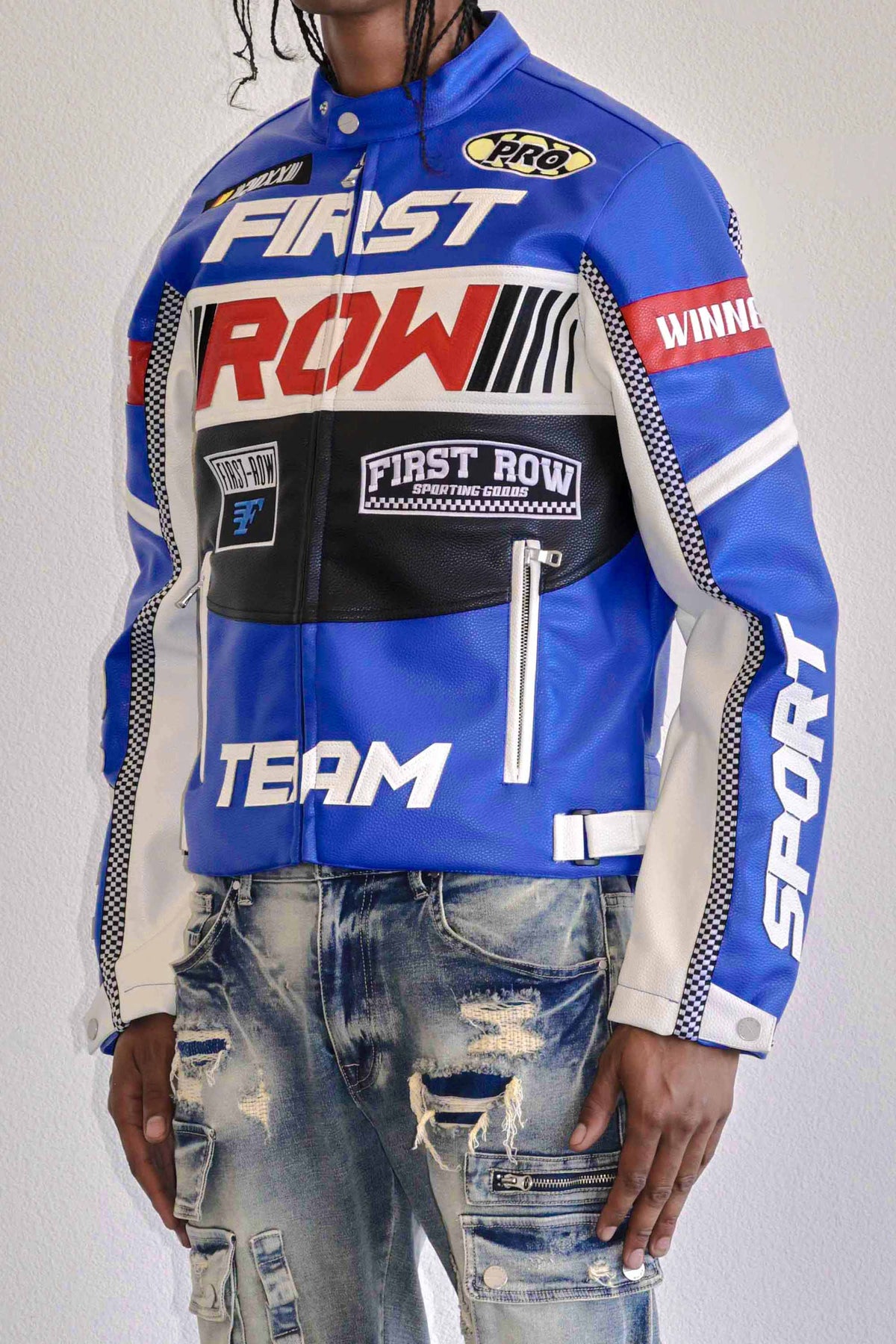 CONTRAST MOTOR RACING LEATHER JACKET | First Row