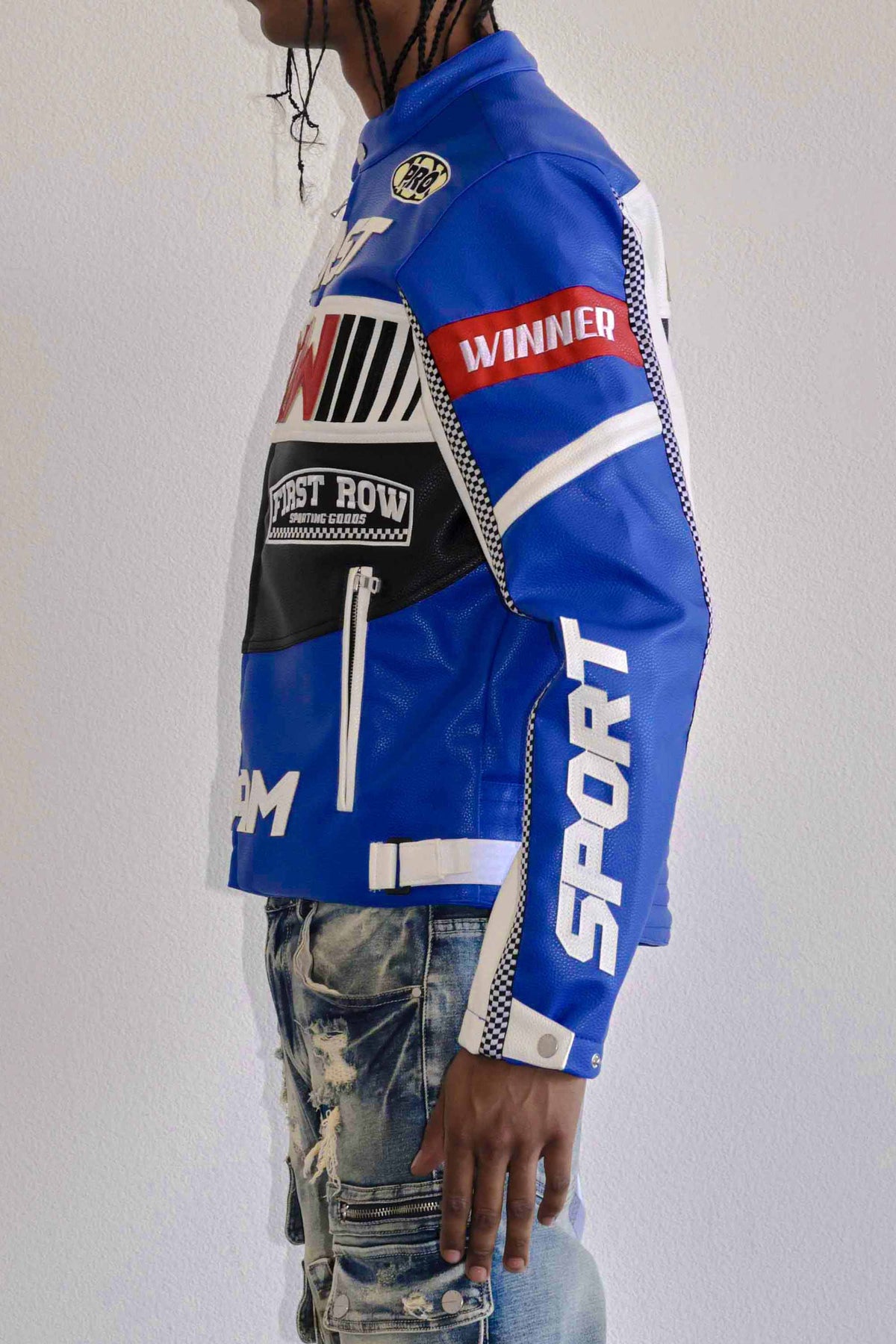 CONTRAST MOTOR RACING LEATHER JACKET | First Row