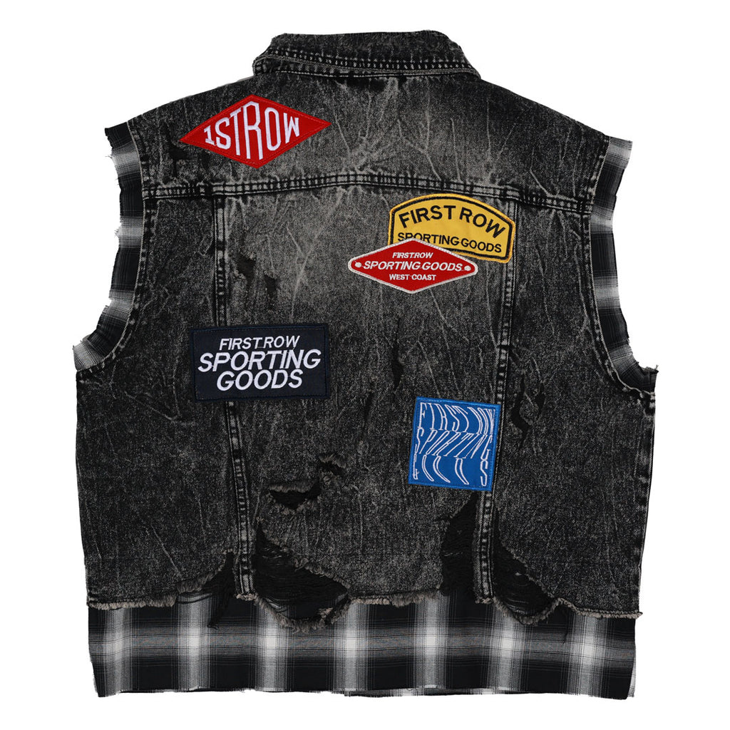 PATCHES CUT OFF PLAID DENIM VEST