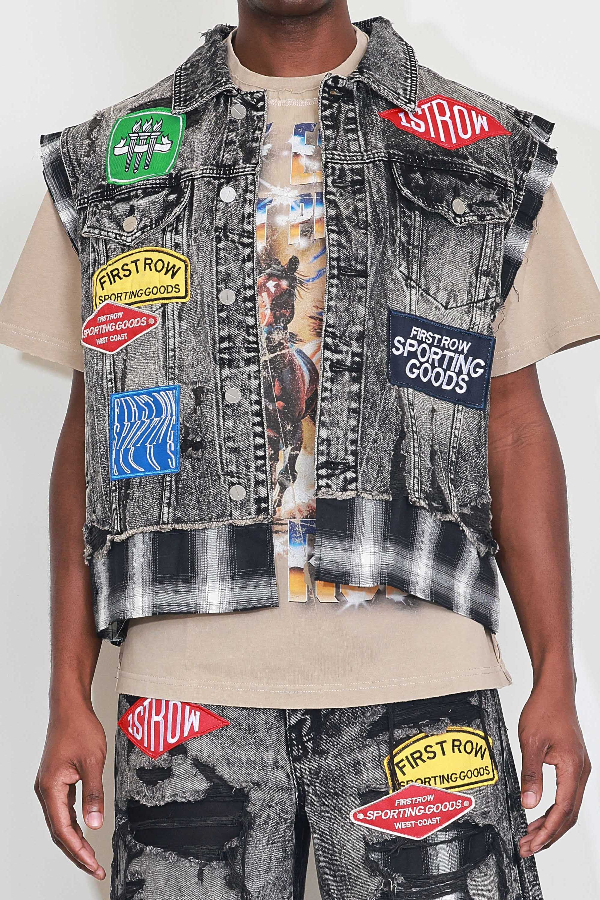 PATCHES CUT OFF PLAID DENIM VEST