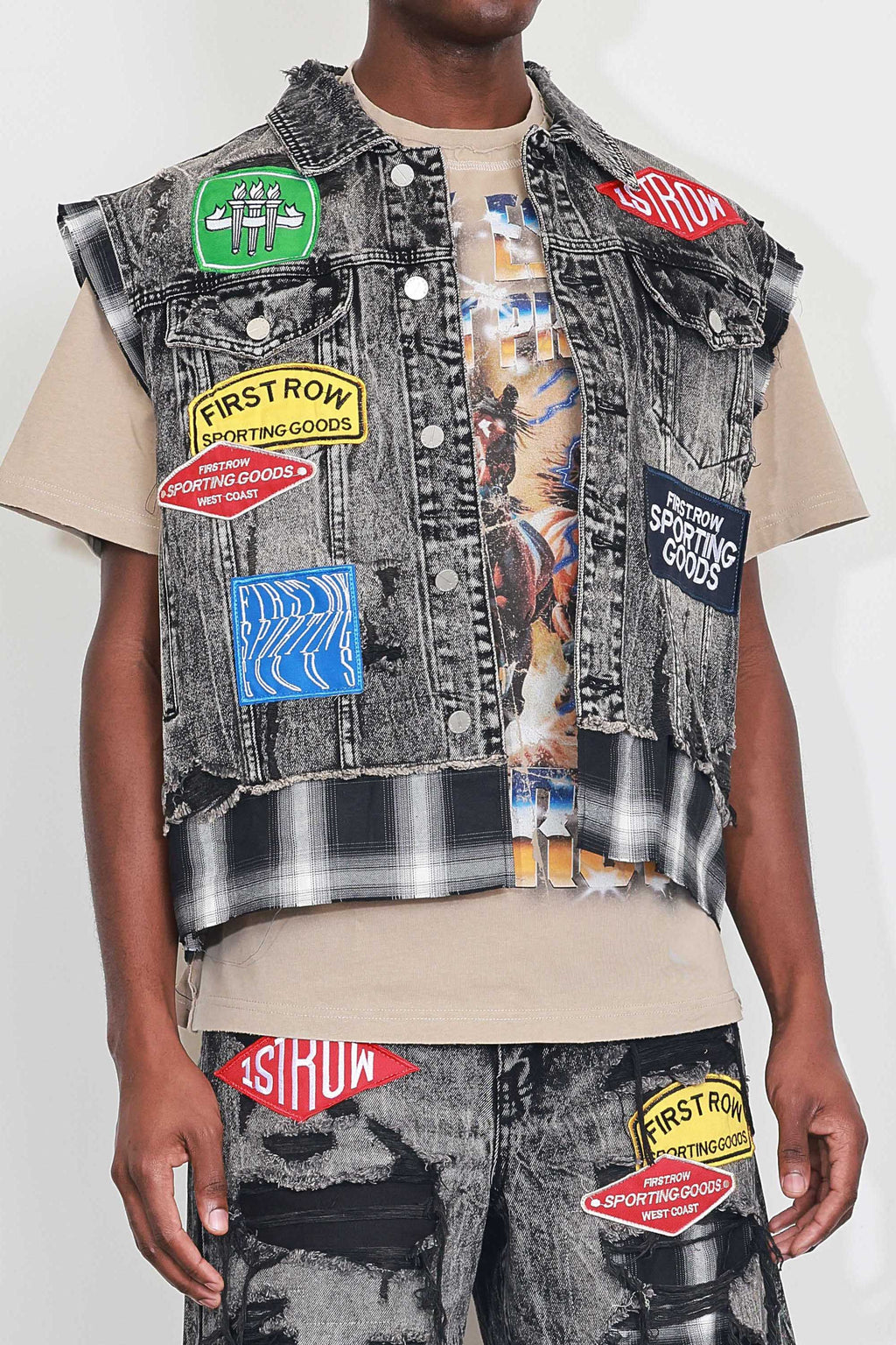 PATCHES CUT OFF PLAID DENIM VEST