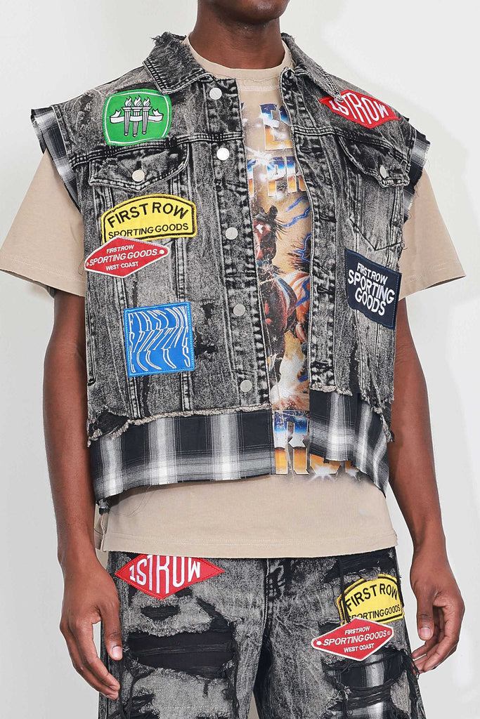 PATCHES CUT OFF PLAID DENIM VEST