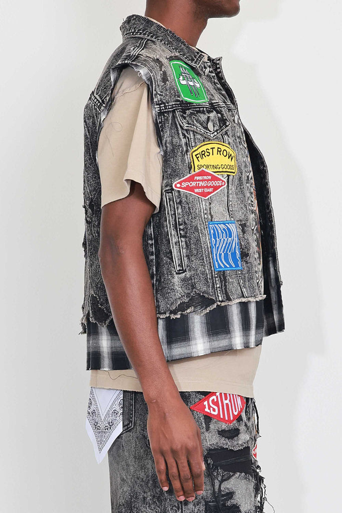 PATCHES CUT OFF PLAID DENIM VEST