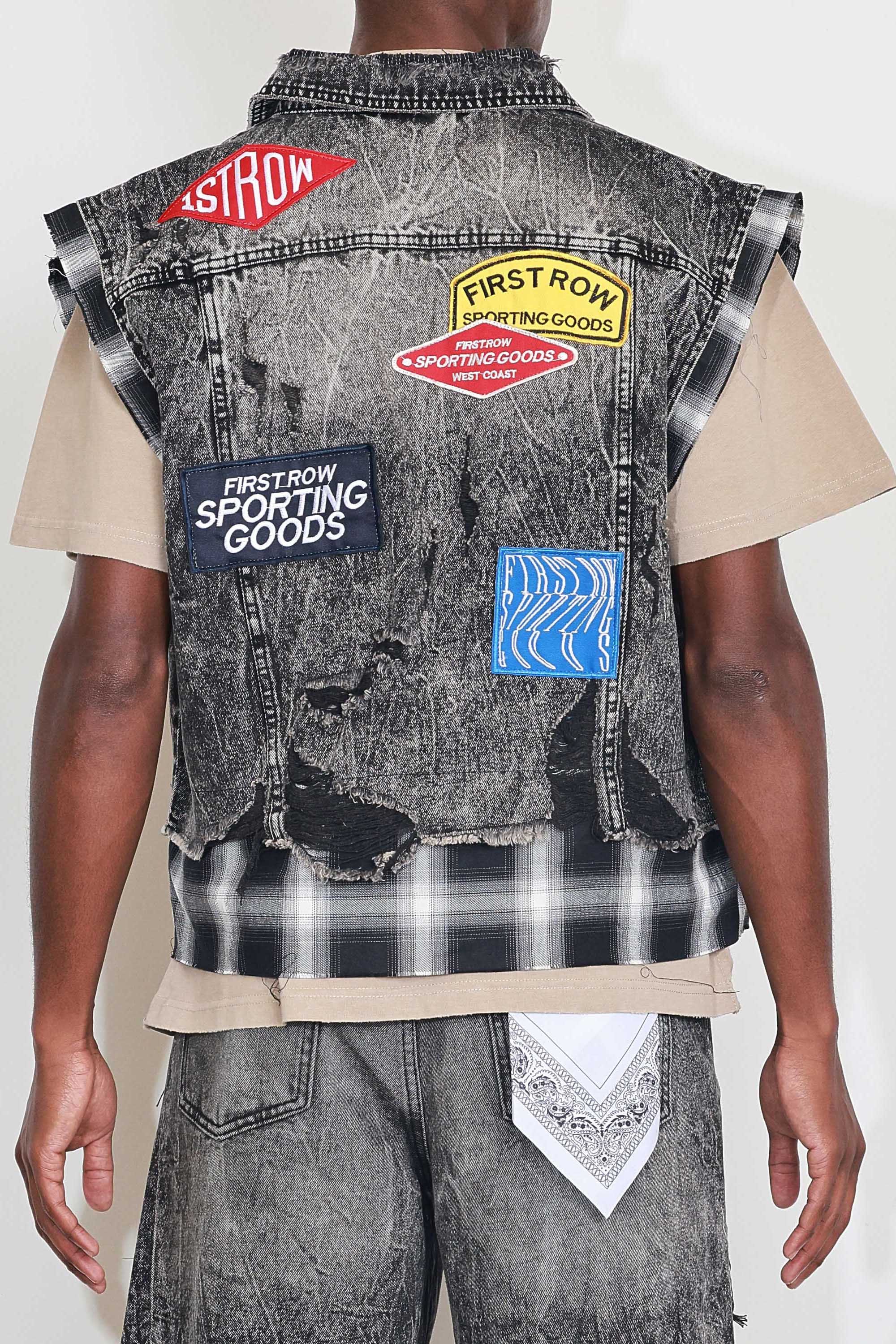 PATCHES CUT OFF PLAID DENIM VEST