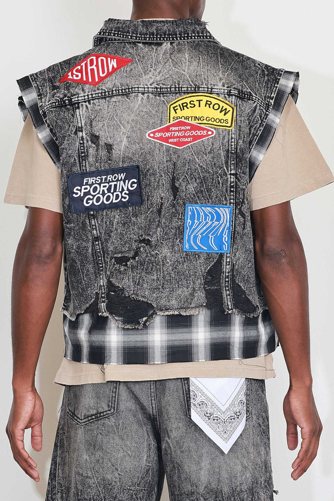 PATCHES CUT OFF PLAID DENIM VEST