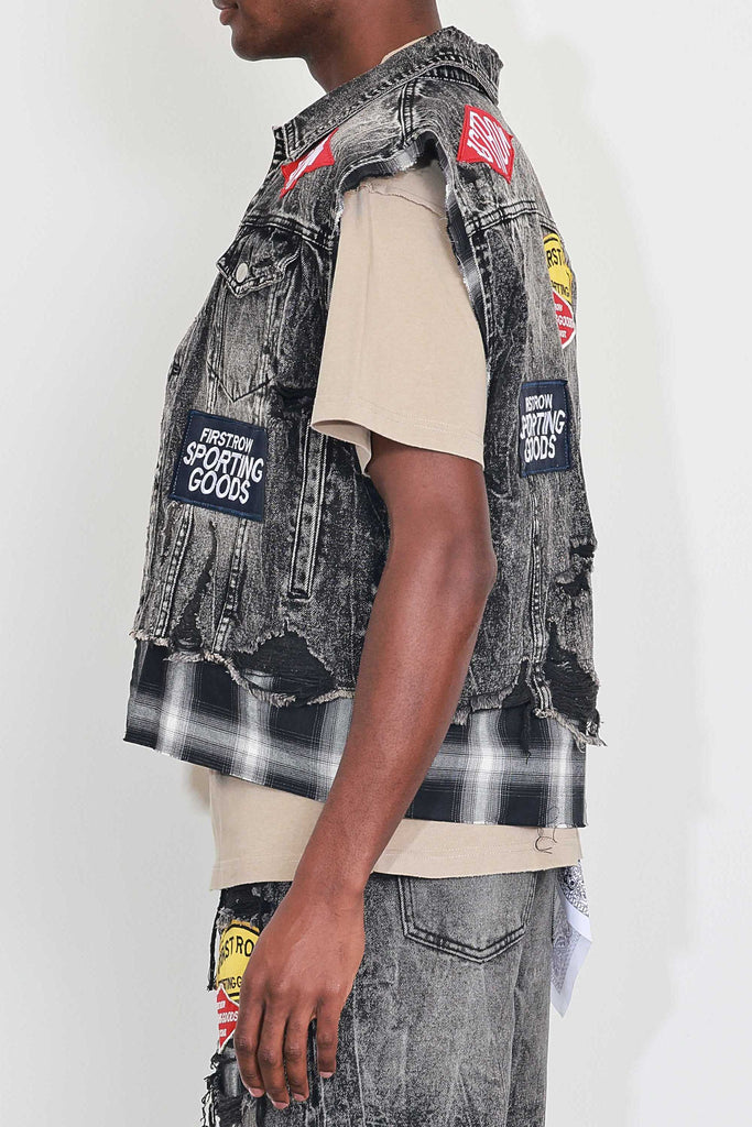 PATCHES CUT OFF PLAID DENIM VEST