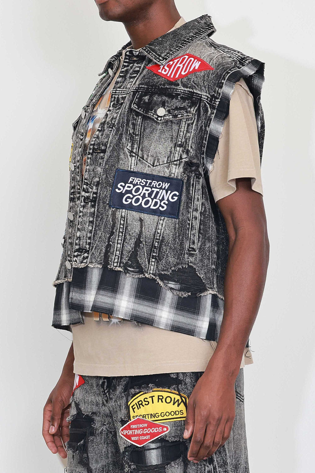PATCHES CUT OFF PLAID DENIM VEST
