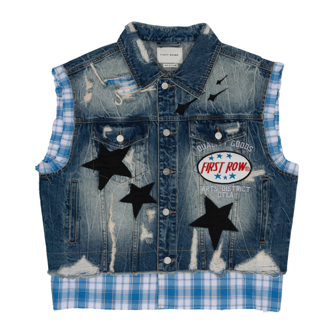 PATCHES CUT OFF PLAID DENIM VEST