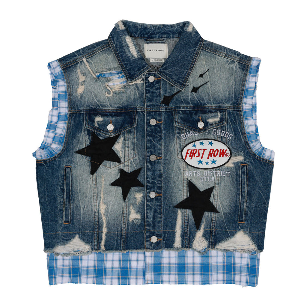 PATCHES CUT OFF PLAID DENIM VEST