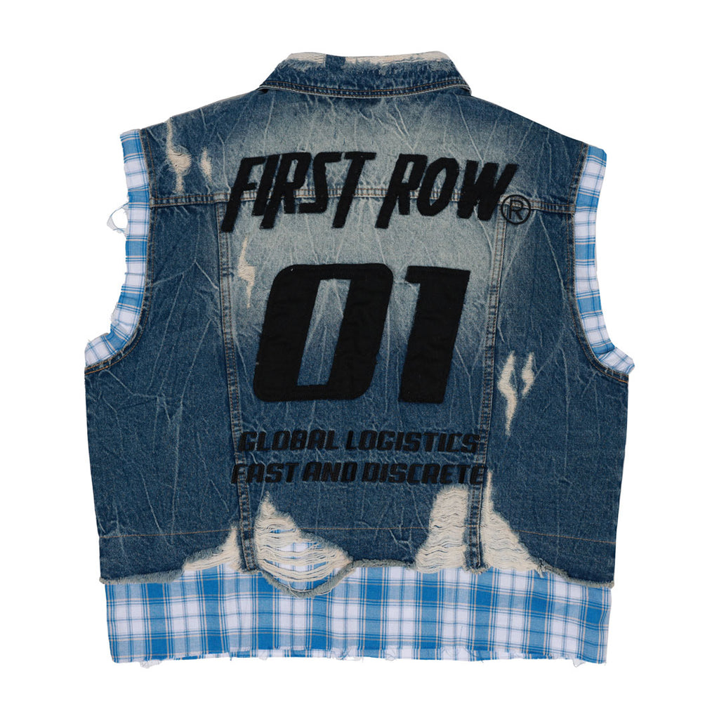 PATCHES CUT OFF PLAID DENIM VEST