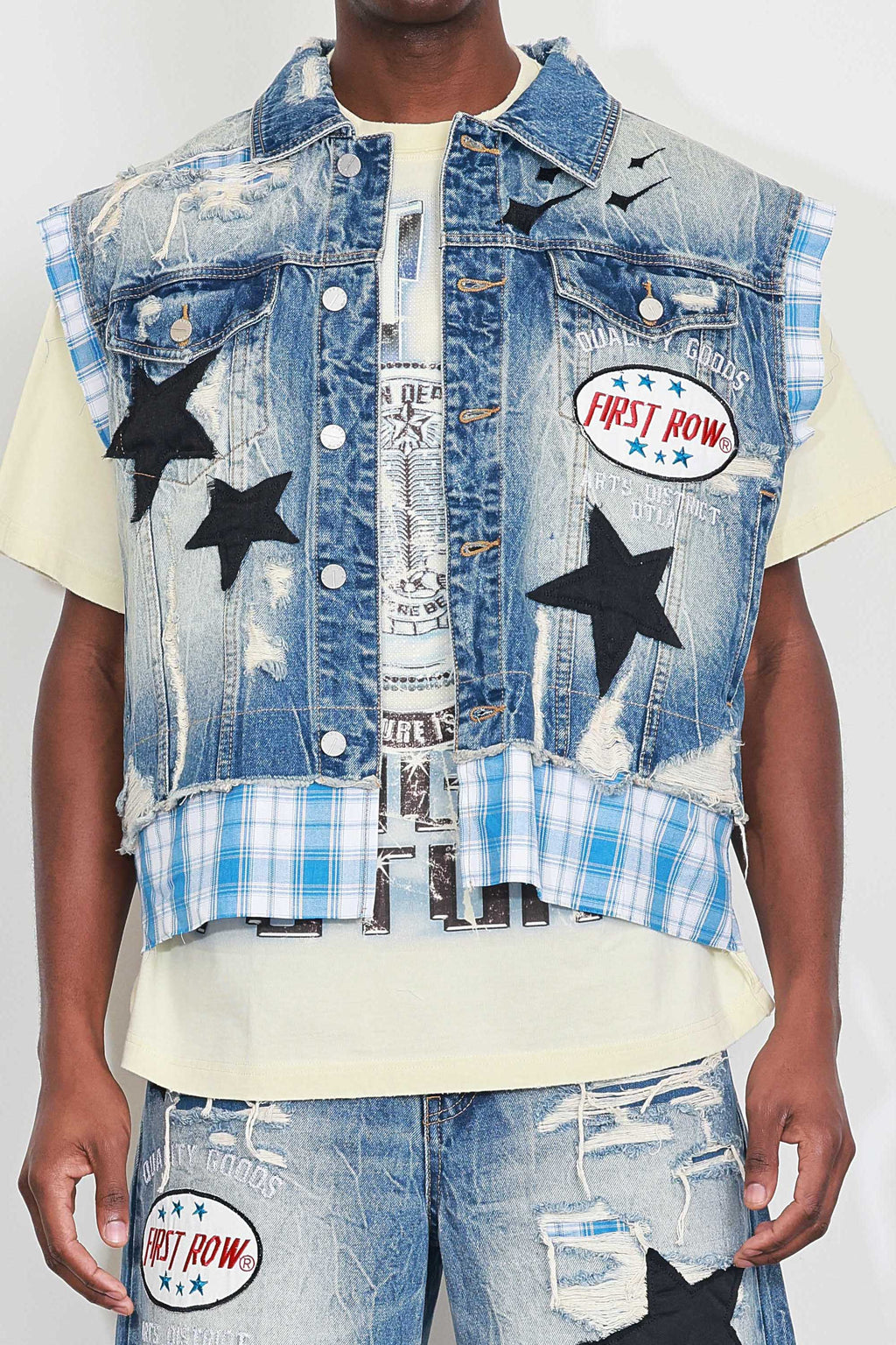 PATCHES CUT OFF PLAID DENIM VEST