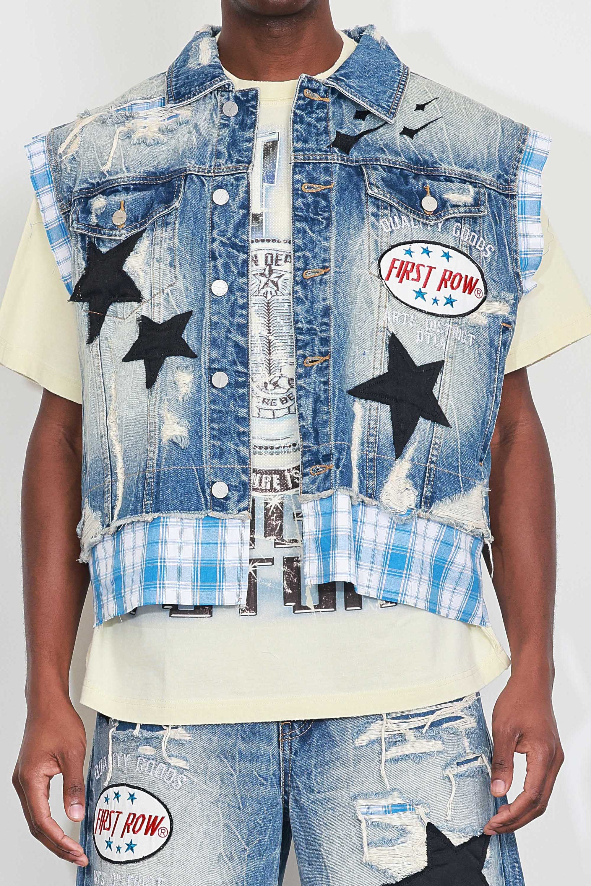 PATCHES CUT OFF PLAID DENIM VEST
