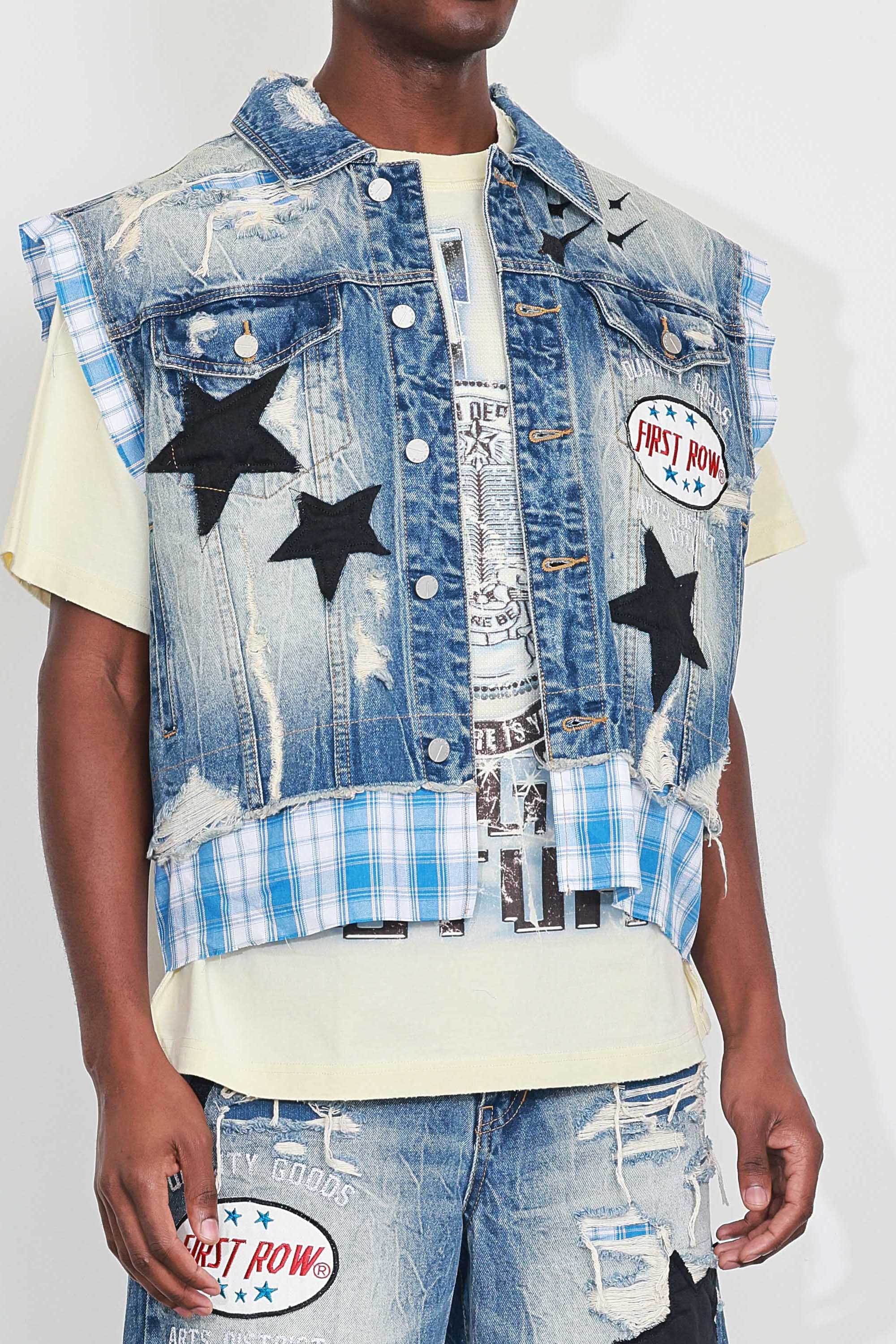 PATCHES CUT OFF PLAID DENIM VEST