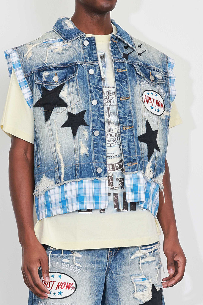 PATCHES CUT OFF PLAID DENIM VEST