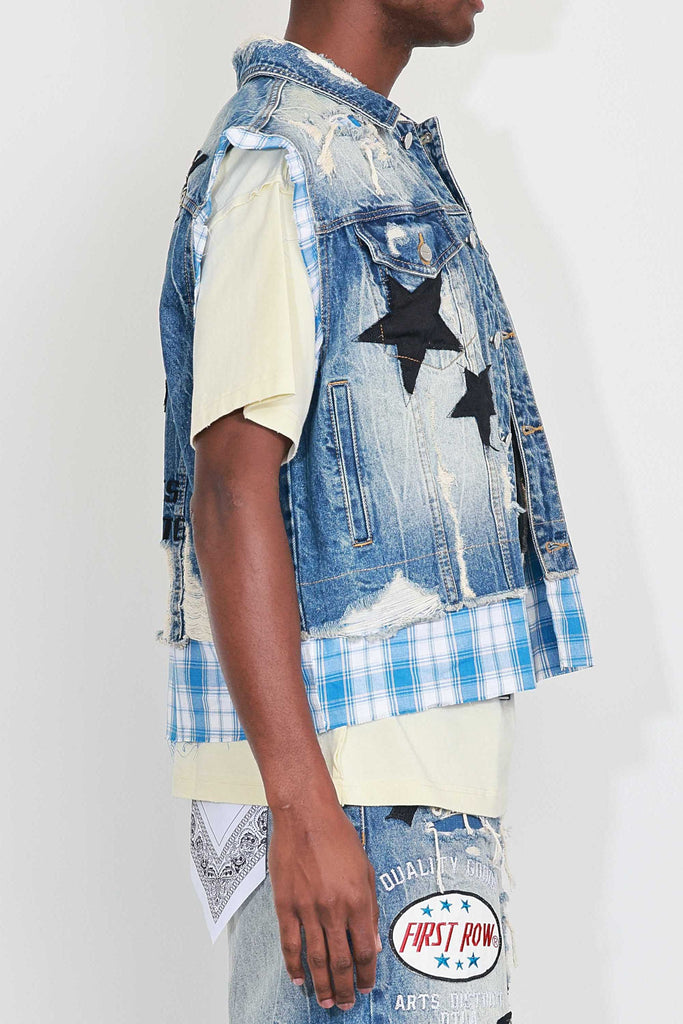PATCHES CUT OFF PLAID DENIM VEST