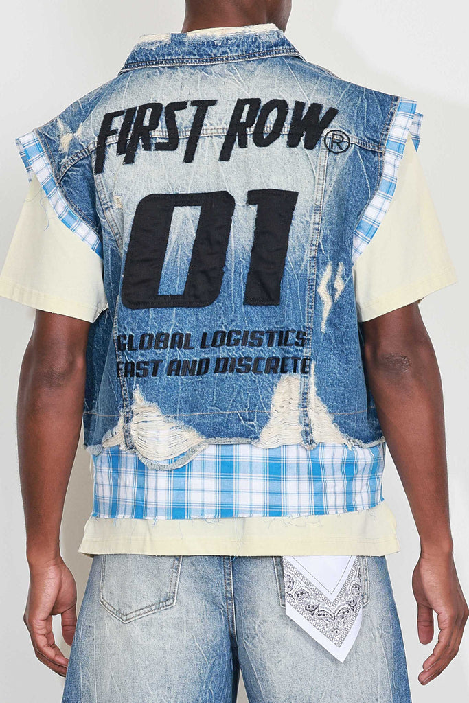 PATCHES CUT OFF PLAID DENIM VEST