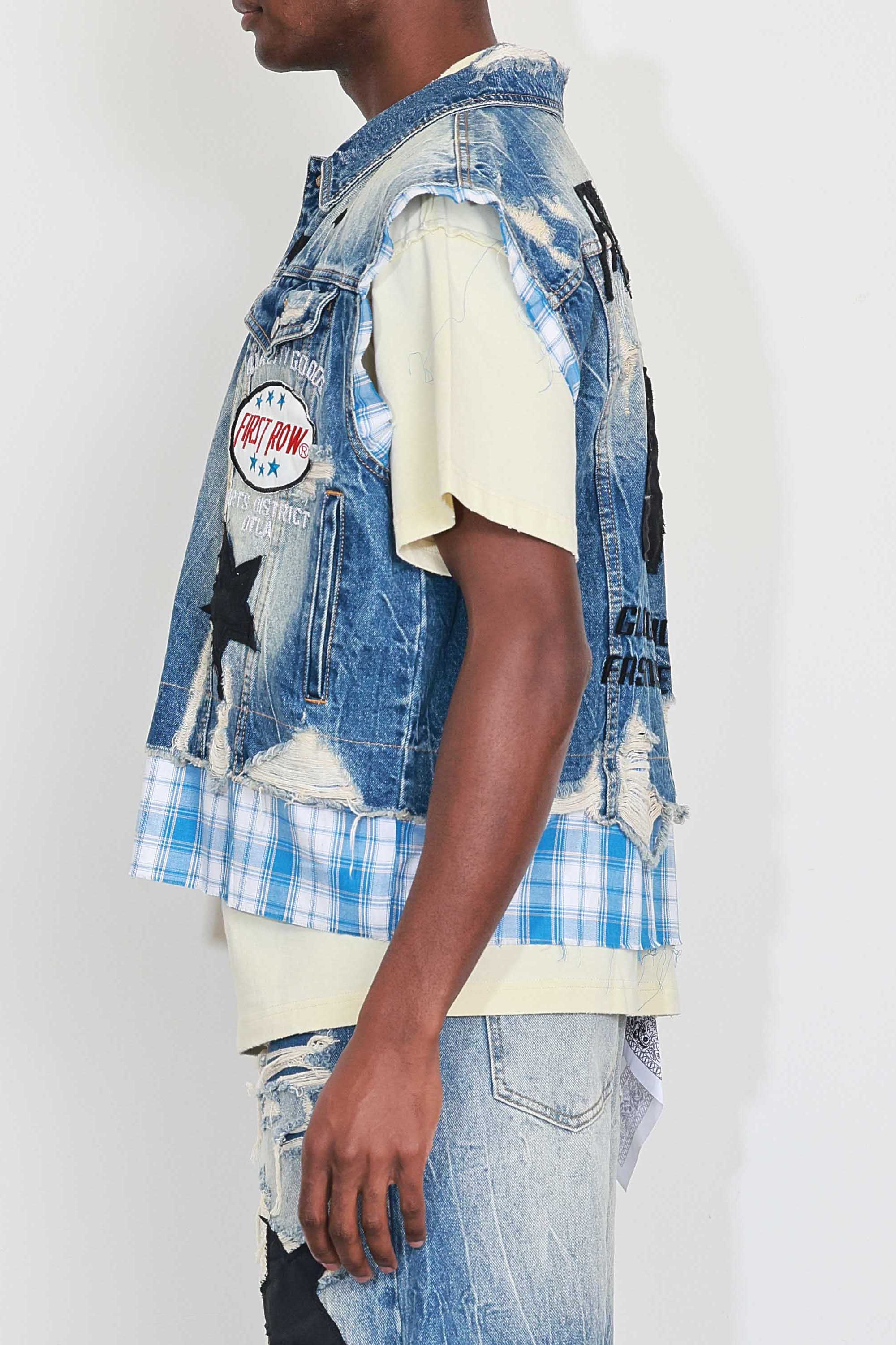 PATCHES CUT OFF PLAID DENIM VEST