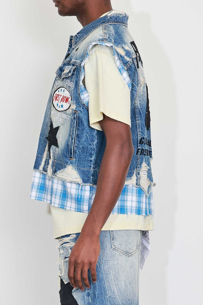 PATCHES CUT OFF PLAID DENIM VEST