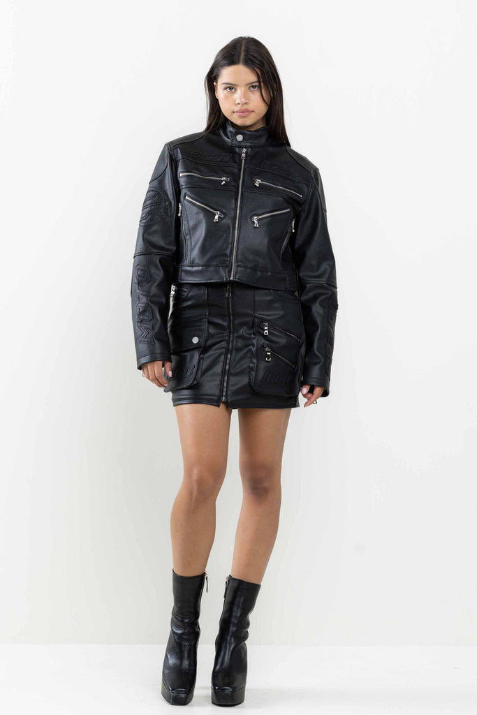 LEATHER RACING CROPPED JACKET