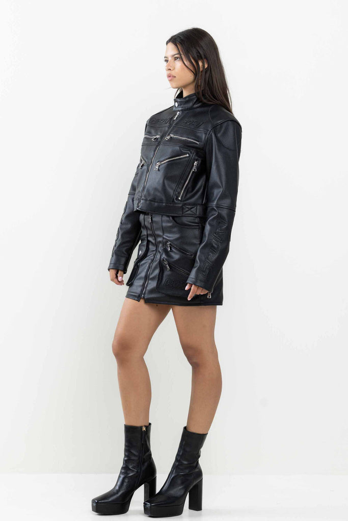 LEATHER RACING CROPPED JACKET