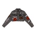 PLAID APPLIQUE DENIM CROP TRUCKER JACKET