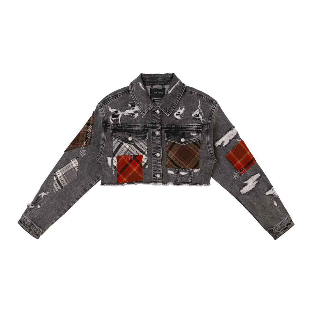 PLAID APPLIQUE DENIM CROP TRUCKER JACKET