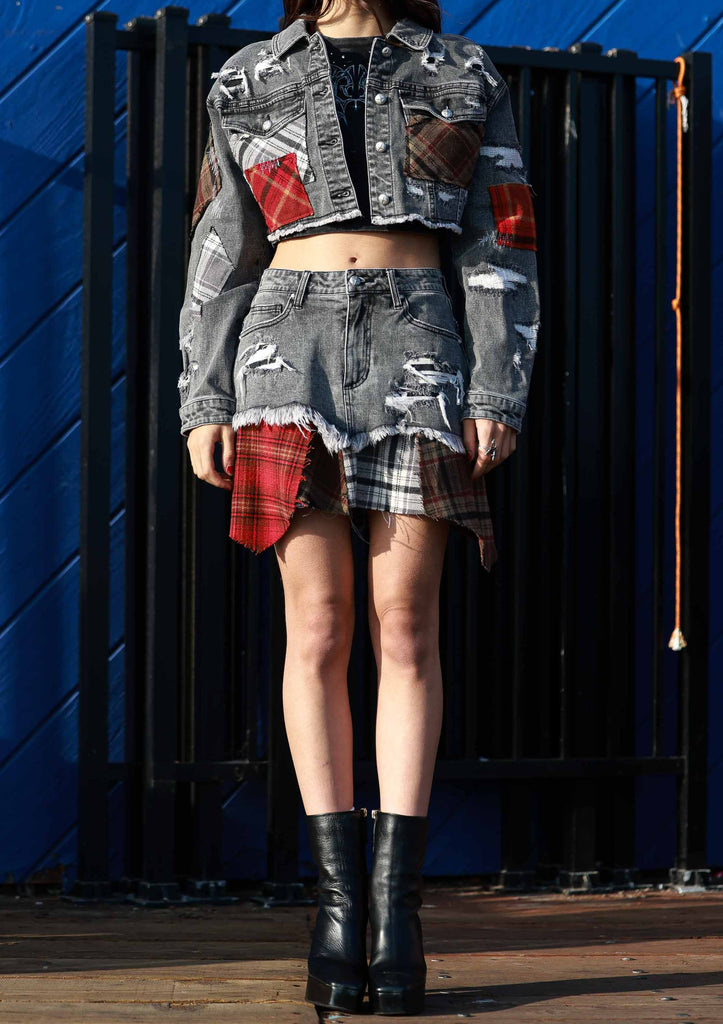 PLAID APPLIQUE DENIM CROP TRUCKER JACKET