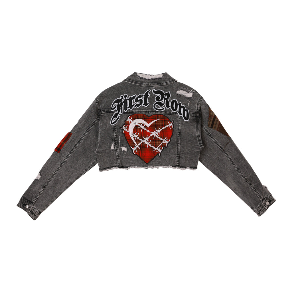 PLAID APPLIQUE DENIM CROP TRUCKER JACKET