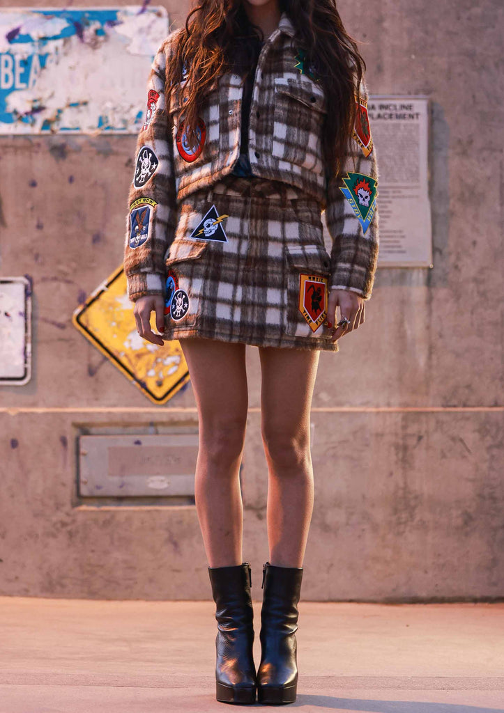 LOGO ALLOVER CROP WOOL PLAID SHACKET