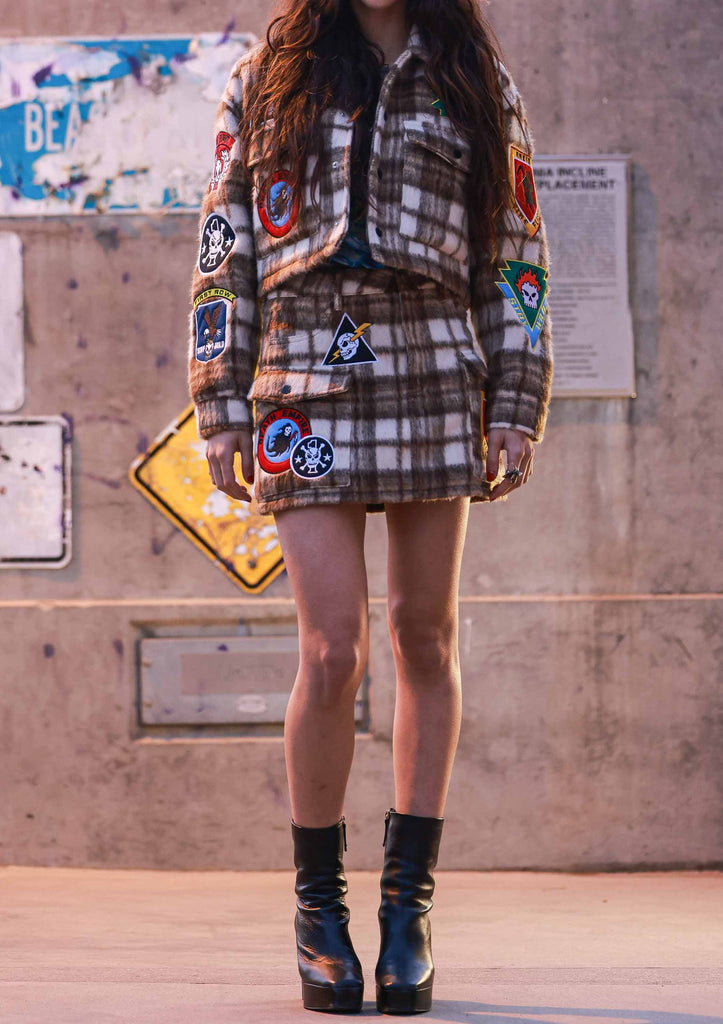 LOGO ALLOVER WOOL PLAID MINI SKIRT