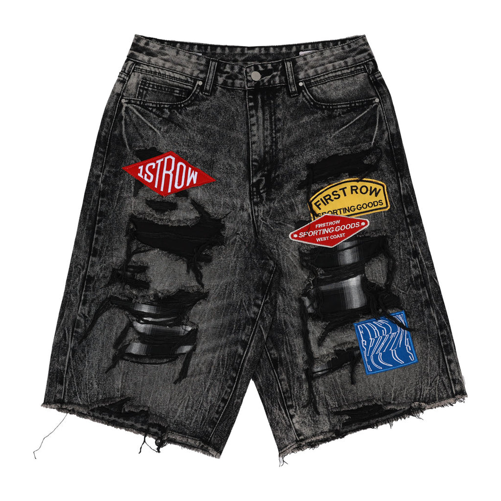 PATCHES CUT OFF PLAID DENIM JORTS
