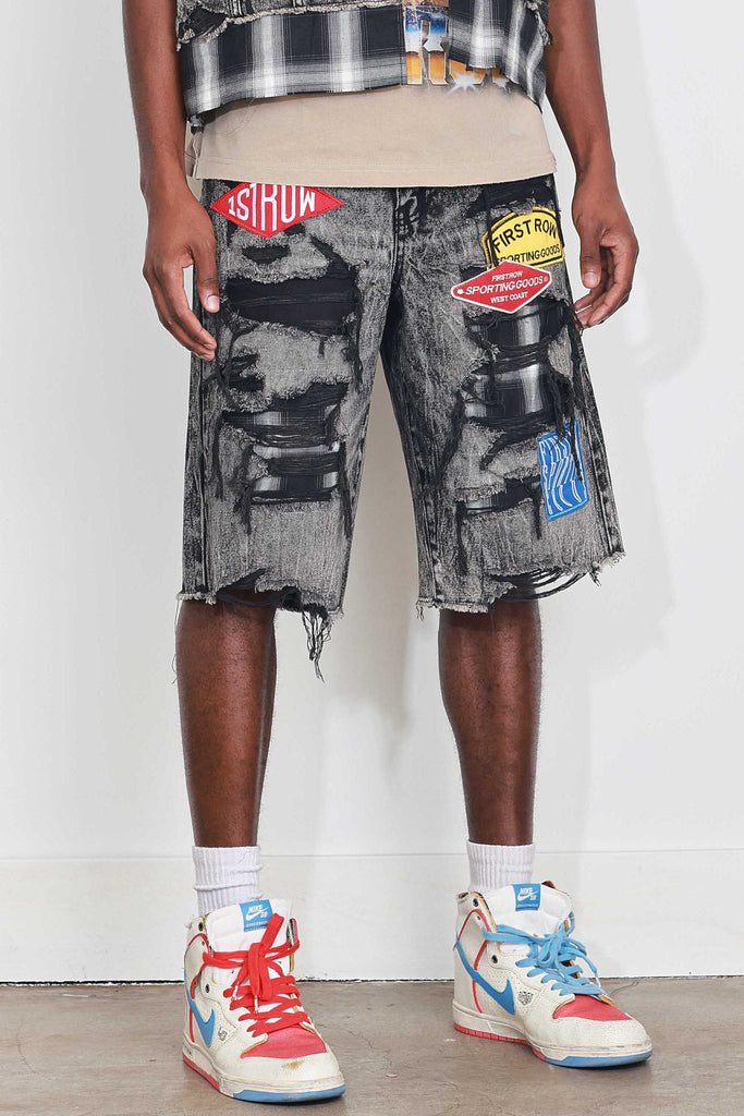 PATCHES CUT OFF PLAID DENIM JORTS