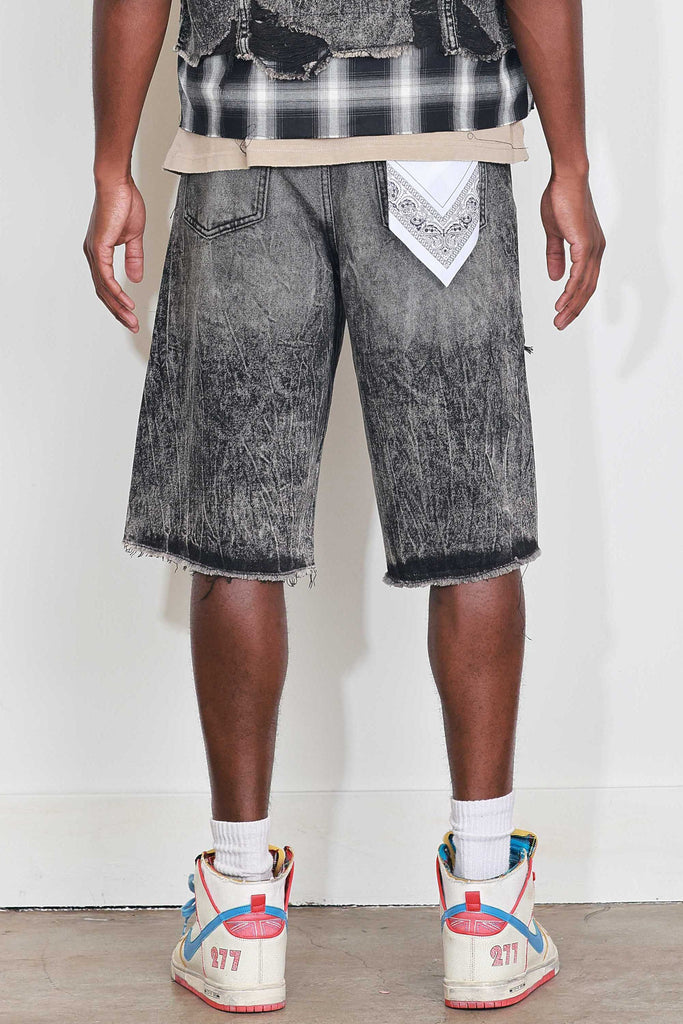 PATCHES CUT OFF PLAID DENIM JORTS