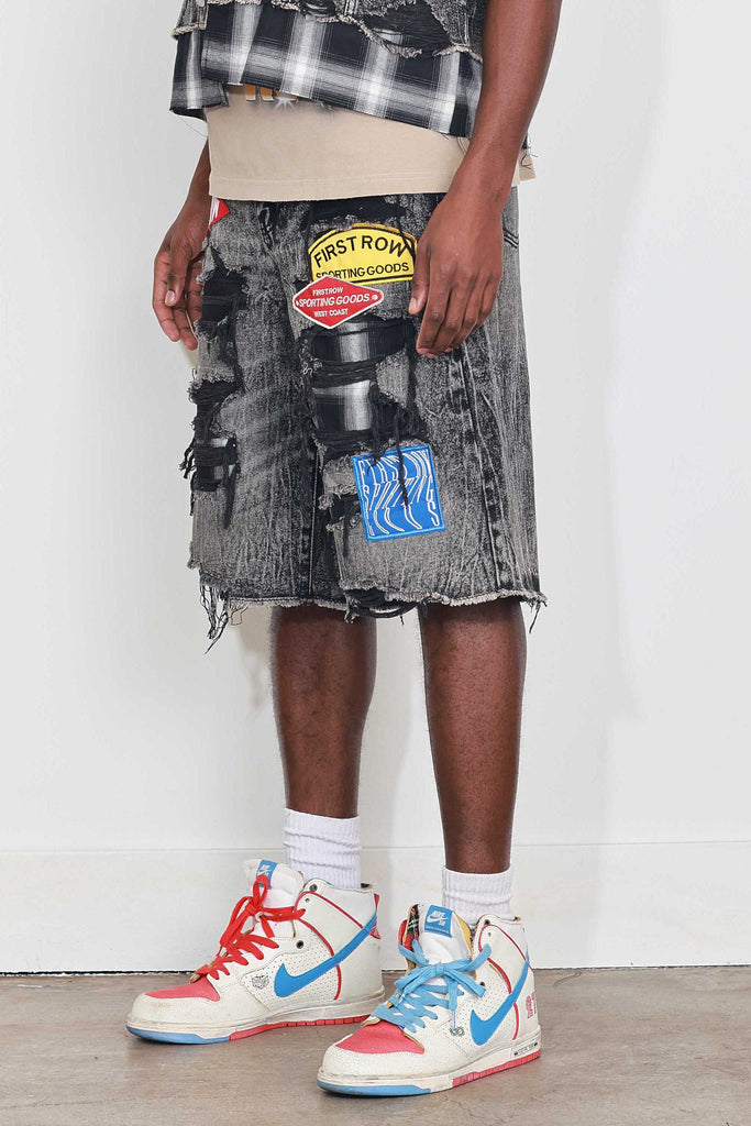 PATCHES CUT OFF PLAID DENIM JORTS