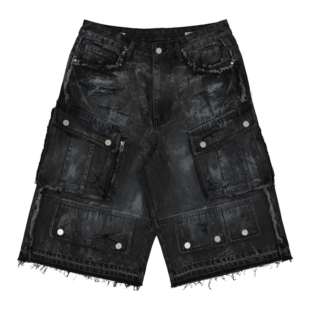 WASHED MULTI CARGO DENIM JORTS