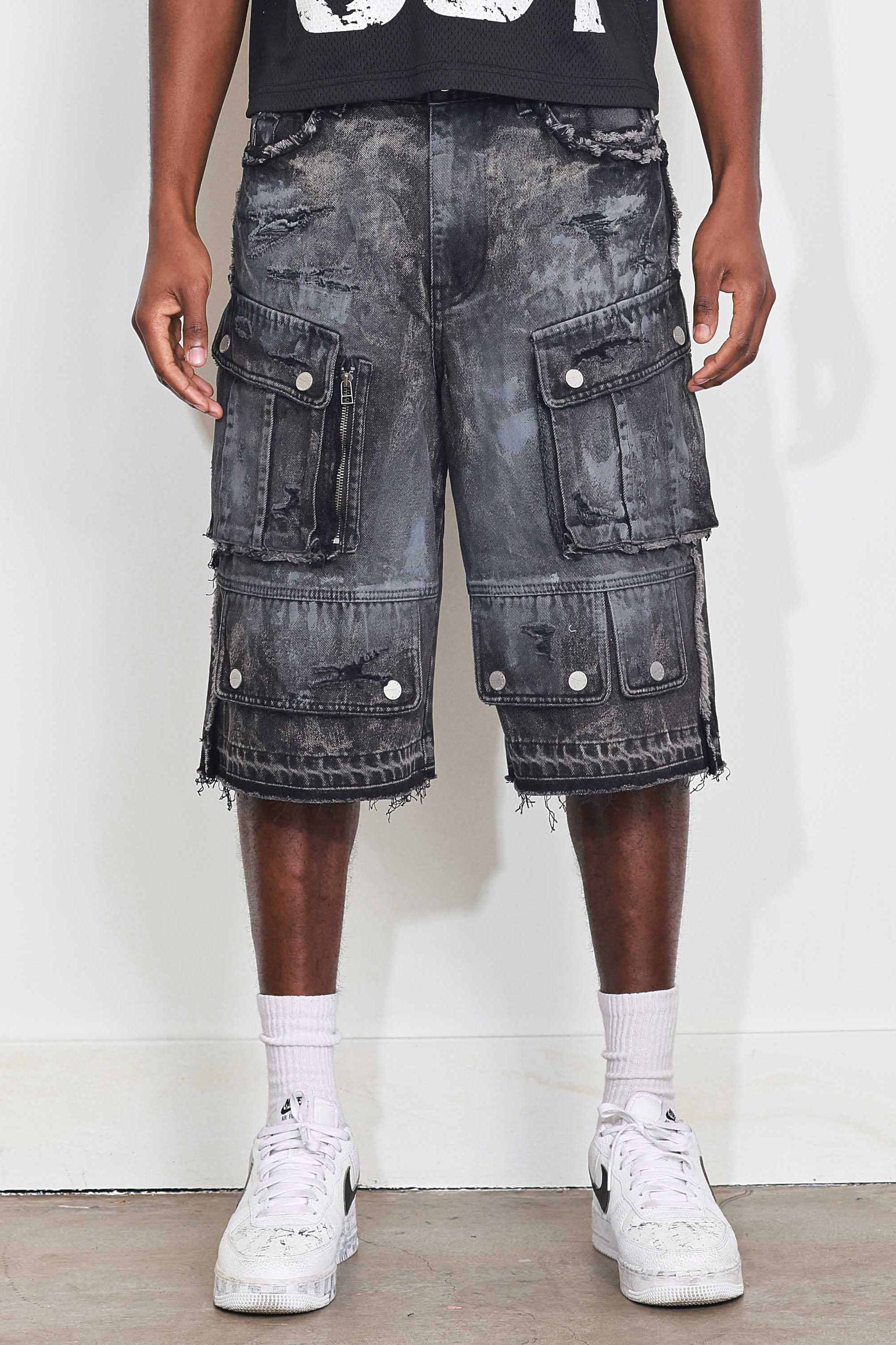 WASHED MULTI CARGO DENIM JORTS