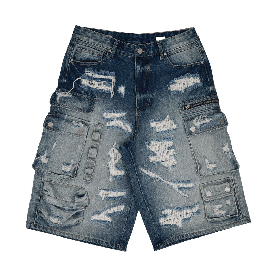 WASHED MULTI CARGO DENIM JORTS