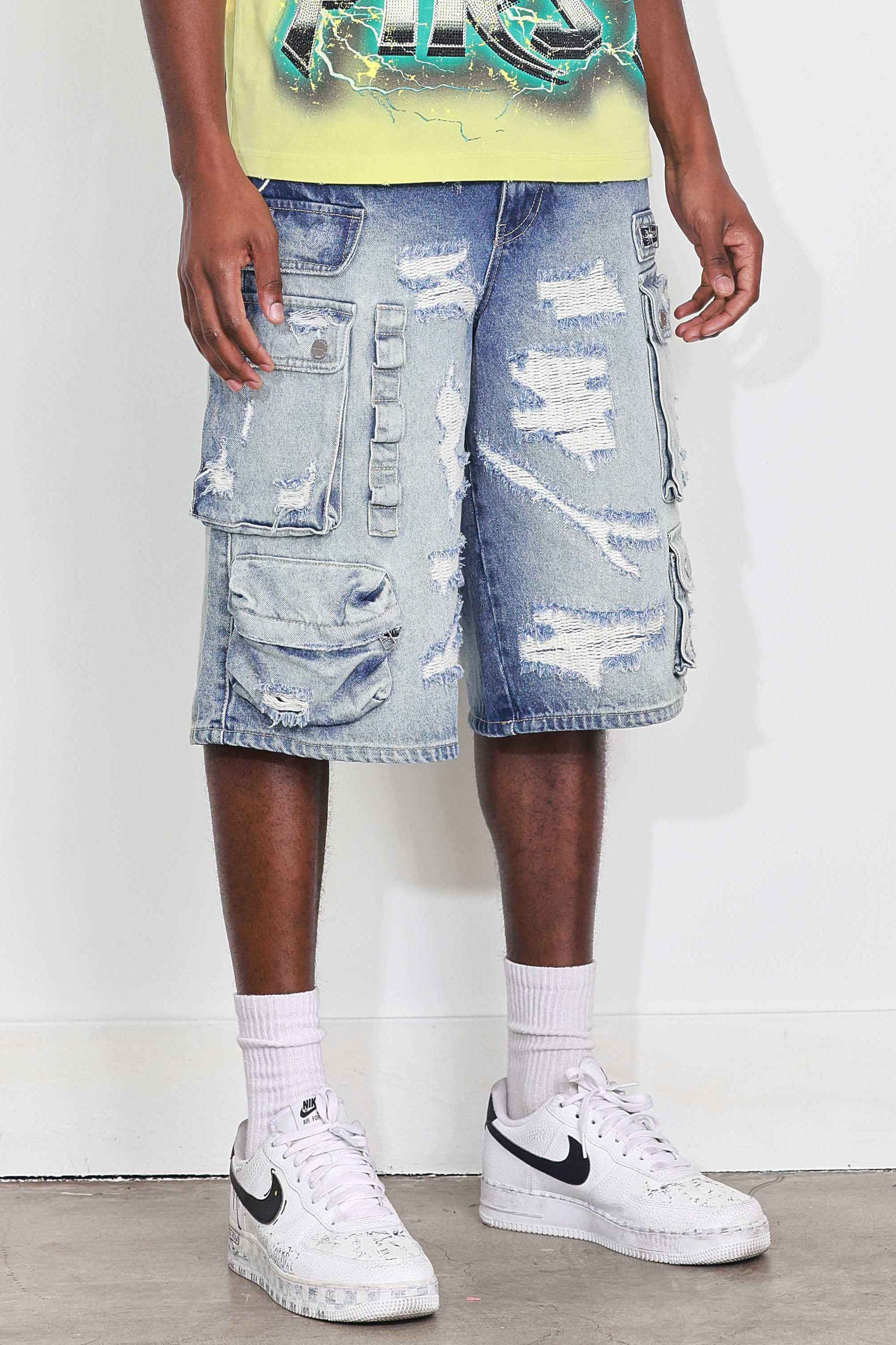 WASHED MULTI CARGO DENIM JORTS
